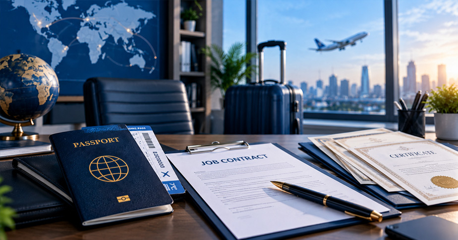 Passport, job contract and documents required for a work permit visa