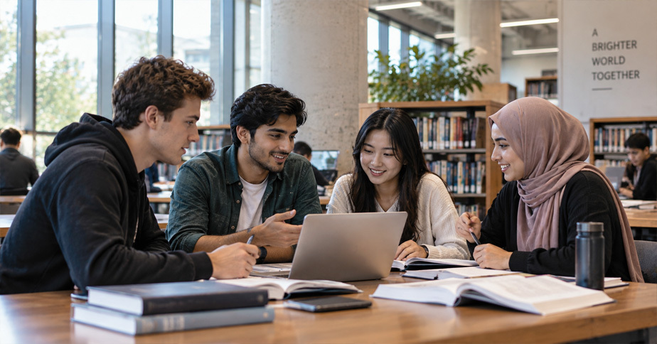 International students studying together in a university library.