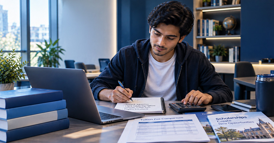 Pakistani student reviewing tuition fee comparisons and scholarship opportunities while preparing to study abroad.